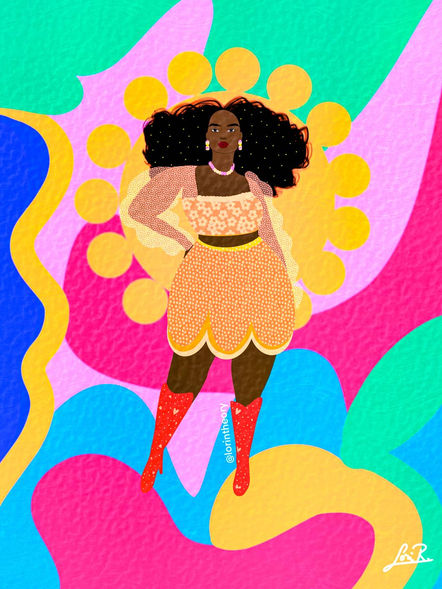 Beautiful vibrant artwork of African American woman in a stylish dress surrounded by colors