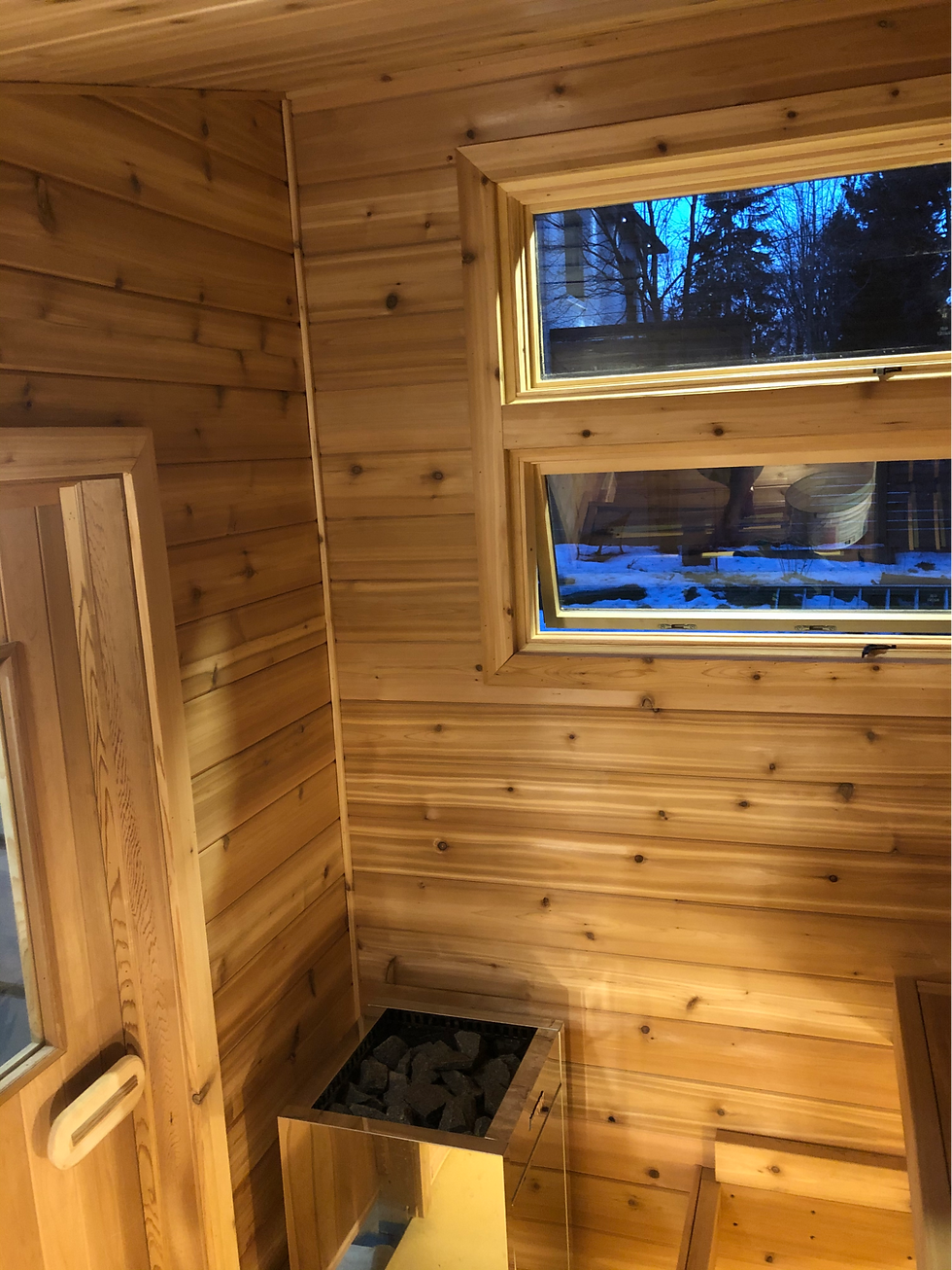 Interior of a wood-paneled sauna featuring a heater with stones and a window looking out to snow.