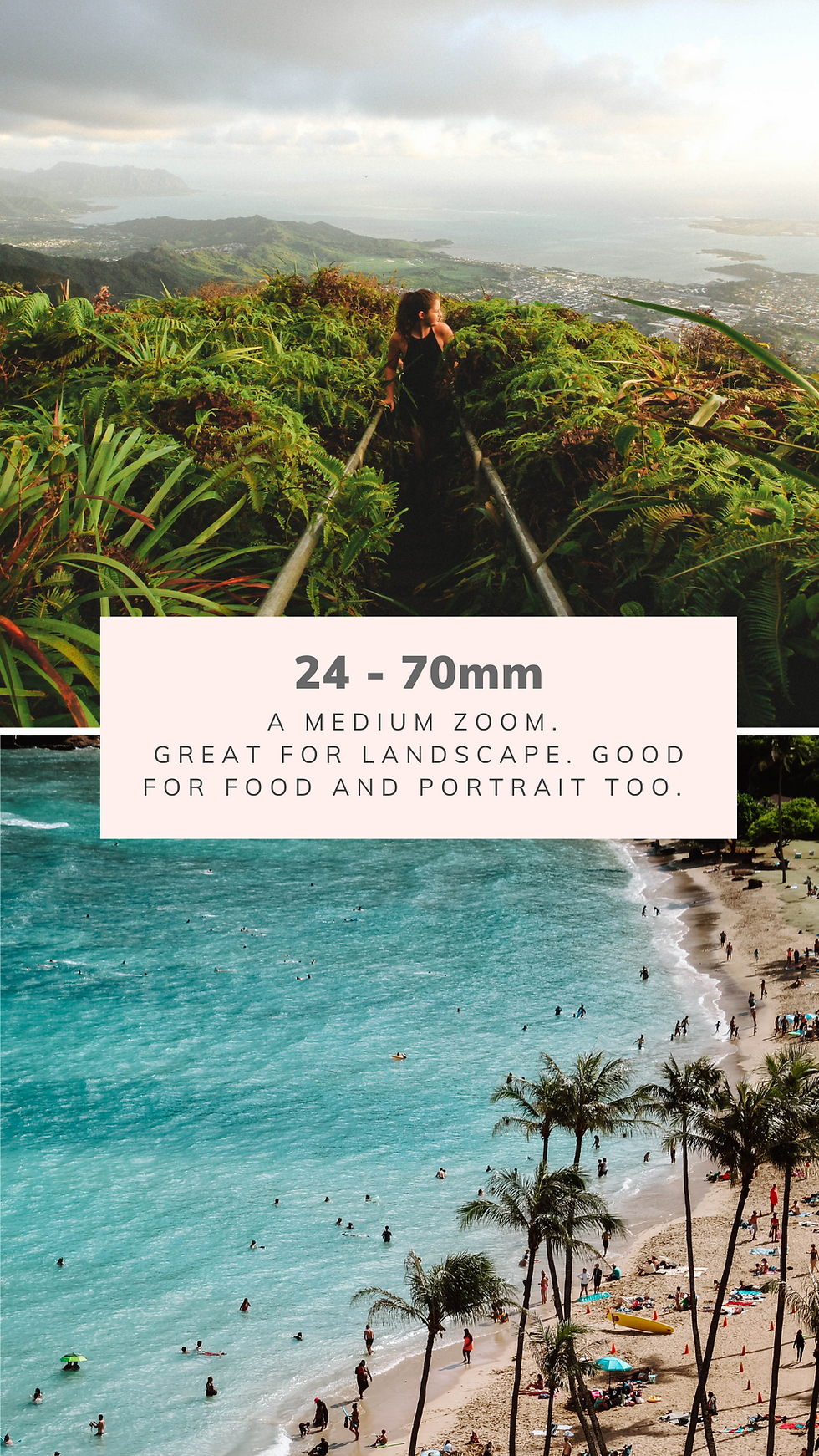 A 24-70mm photo of the Stairway to Heaven hike in Oahu and a photo of Waikiki Beach.