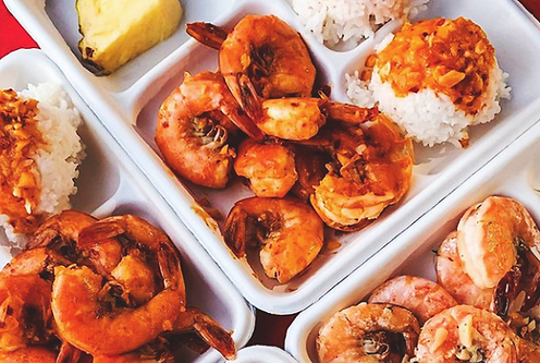 Hawaiian plate lunch with garlic shrimp, pineapple, and rice