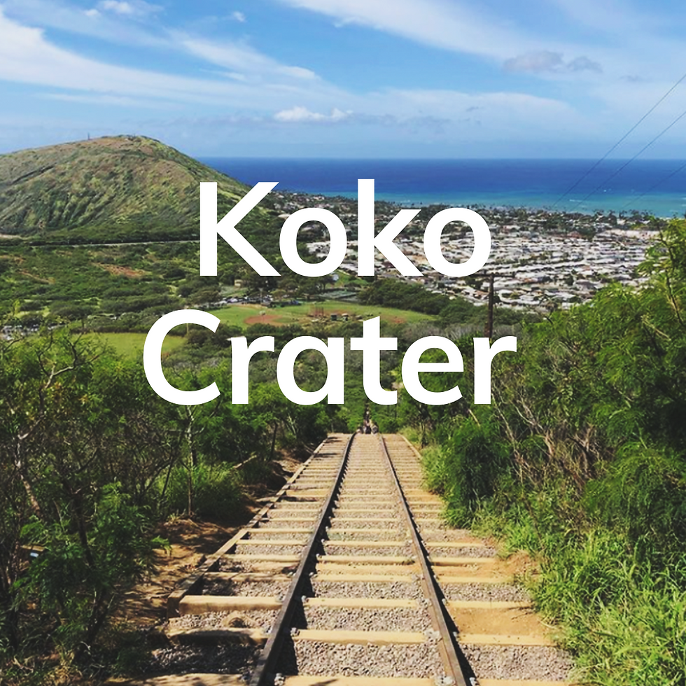 The text reads "Koko Crater Hike" with a photo looking down at the railroad ties that make up the steps.