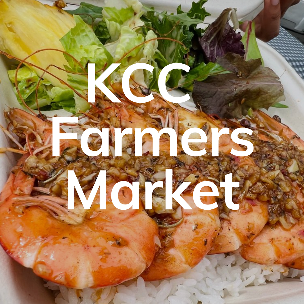 The text reads "Kcc Farmers Market" with a photo of a Hawaiian plate lunch with garlic shrimp.