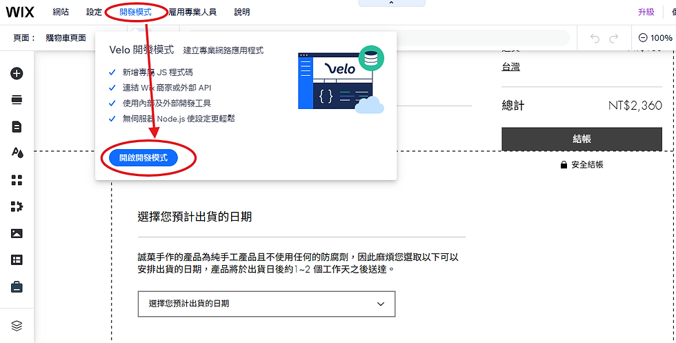進入Wix Velo 開發模式