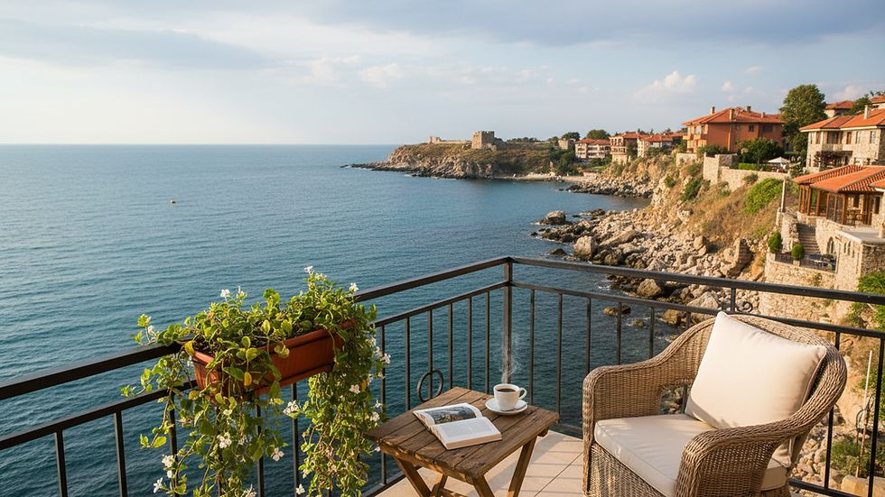 Eye-level view of a cozy apartment balcony with sea view in Sozopol