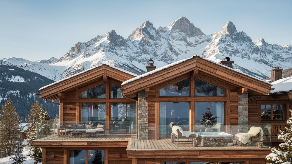 Eye-level view of a luxury mountain chalet with snowy peaks in the background