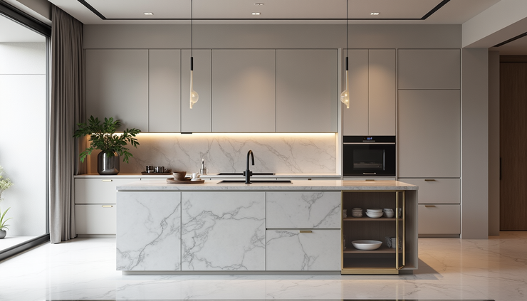 High angle view of a custom-designed kitchen island with marble countertop and integrated appliances