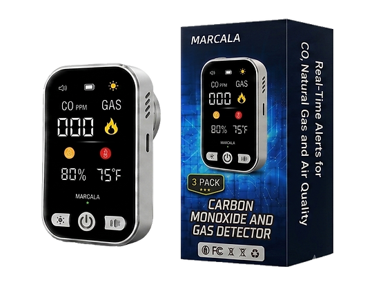 MARCALA home air monitor device shown next to its product packaging box