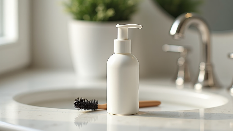 Eye-level view of a gentle lash cleanser bottle and spoolie brush on a vanity