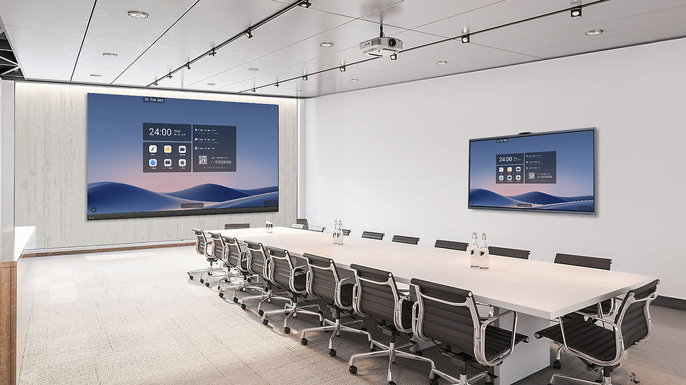Vista panorámica de sala de reuniones equipada con tecnología Maxhub