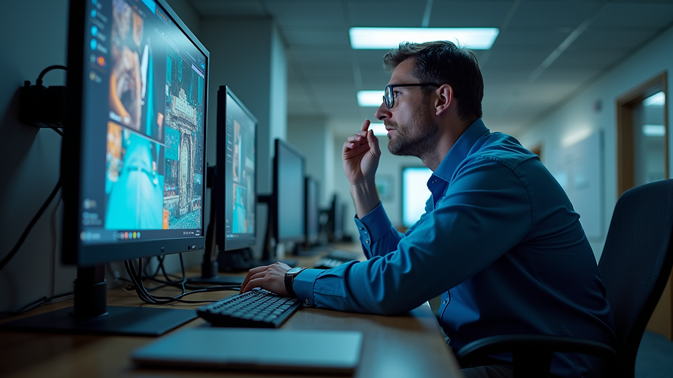 Eye-level view of a technician inspecting audiovisual equipment in a corporate room