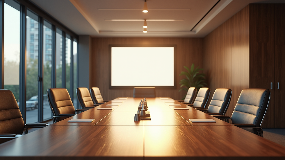 Vista panorámica de una sala de reuniones moderna con tecnología integrada