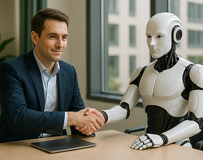Ein Mann arbeitet konzentriert am Laptop, während ein humanoider Roboter von AInecct daneben steht.