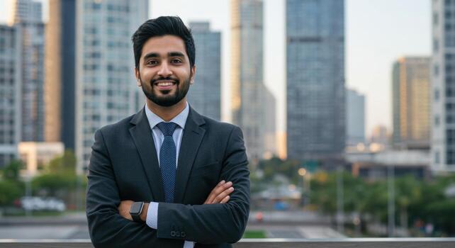 smiling-south-asian-man-with-short-black-hair-and-beard-in-business-suit-standing-outdoors