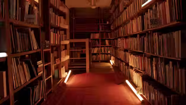 night-library-with-flashing-lights-stock-footage-corridor-with-bookshelves-night-library-f