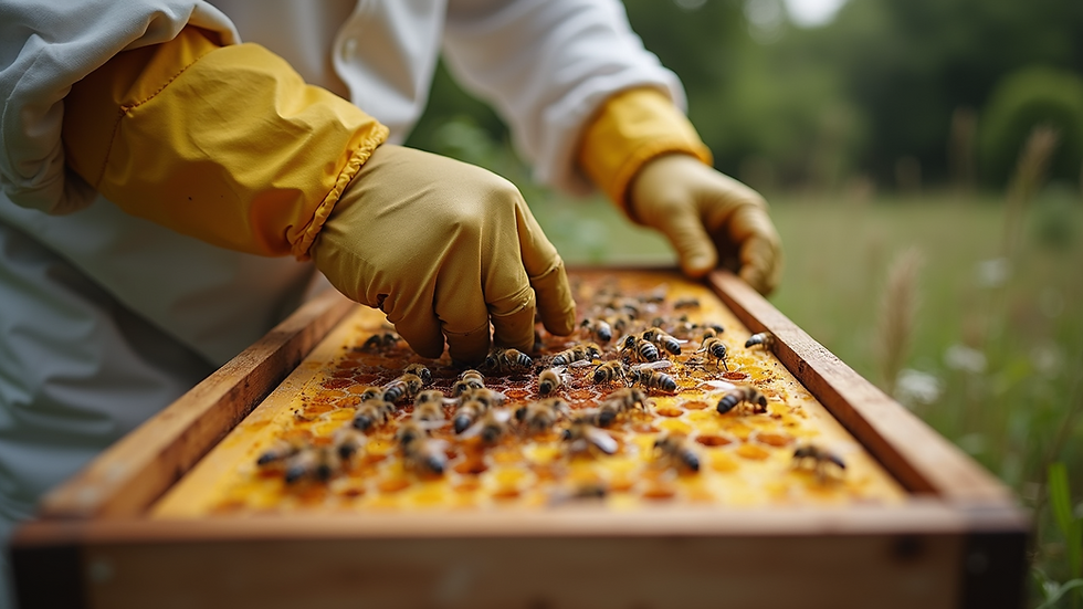 Close-up view of a beekeeper carefully handling a bee hive frame