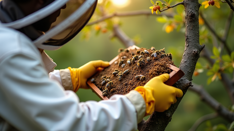 Close-up view of a beekeeper removing a hive from a tree branch