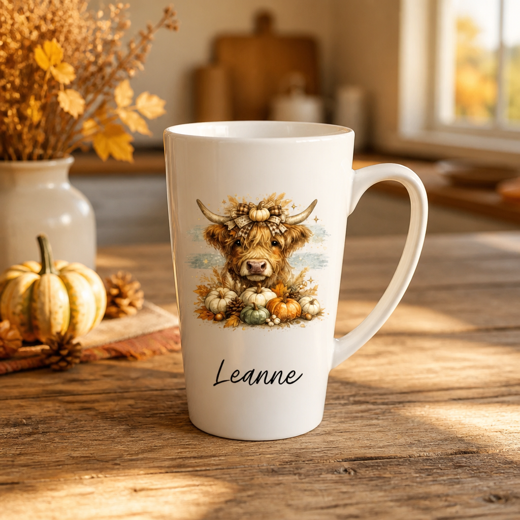 Latte Mug - Highland Cow with Mini Pumpkins