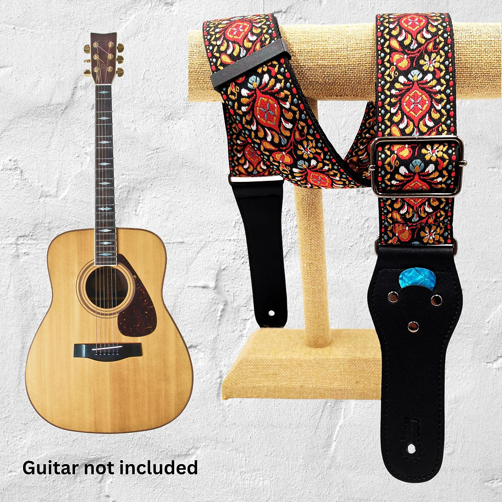Thumbnail: Alpine Guitar Strap: Red, Gold & Black Jacquard Ribbon, Pick Holder
