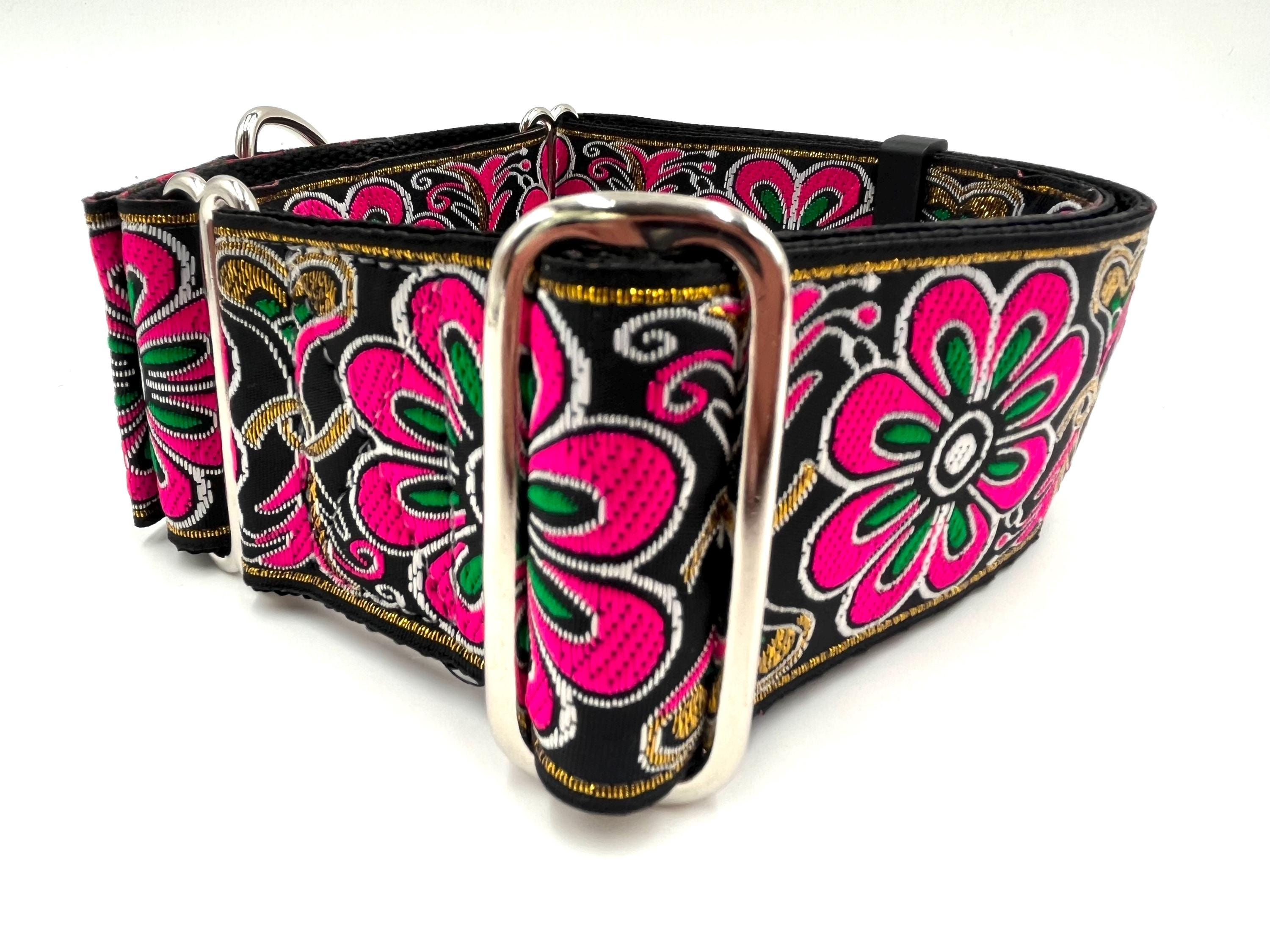 Groovy Pink Floral Martingale Dog Collar: Satin Lined, Large Breed