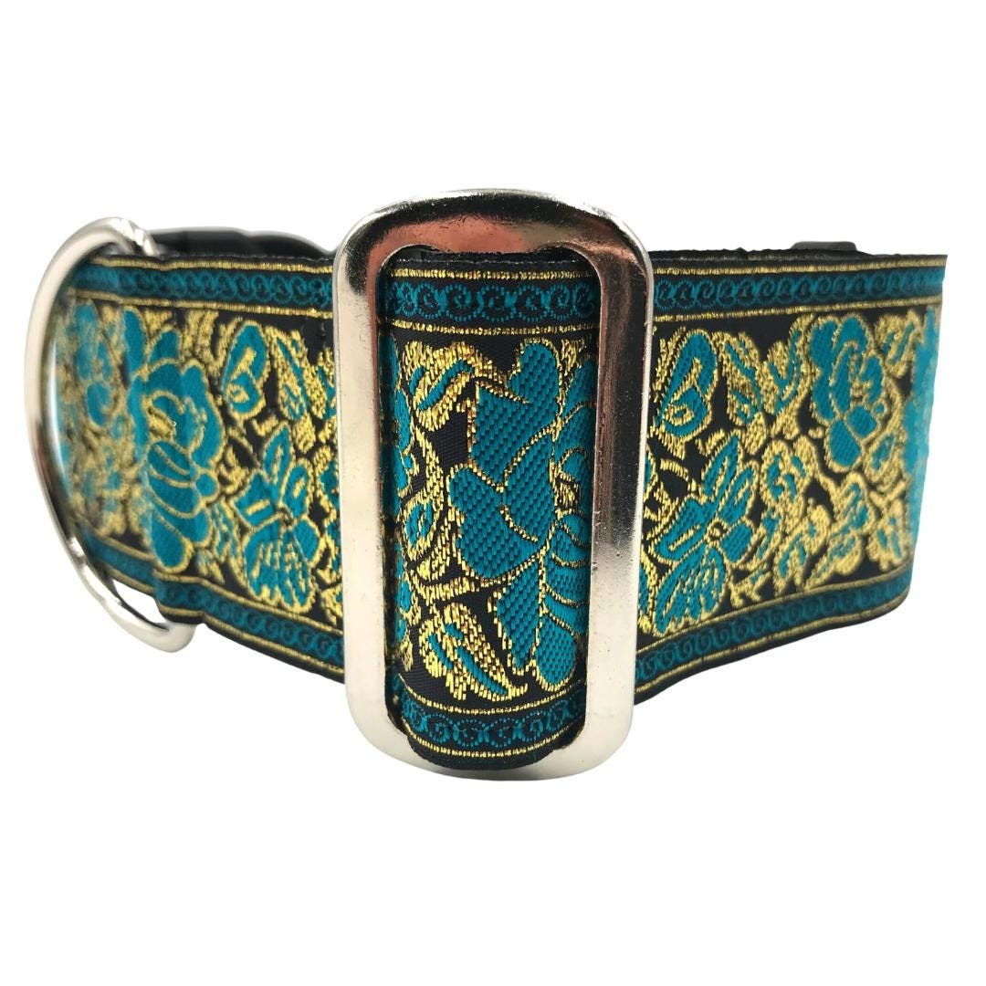 Hydrangea 2" Wide Martingale Dog Collar: Satin Lined, Large Breed