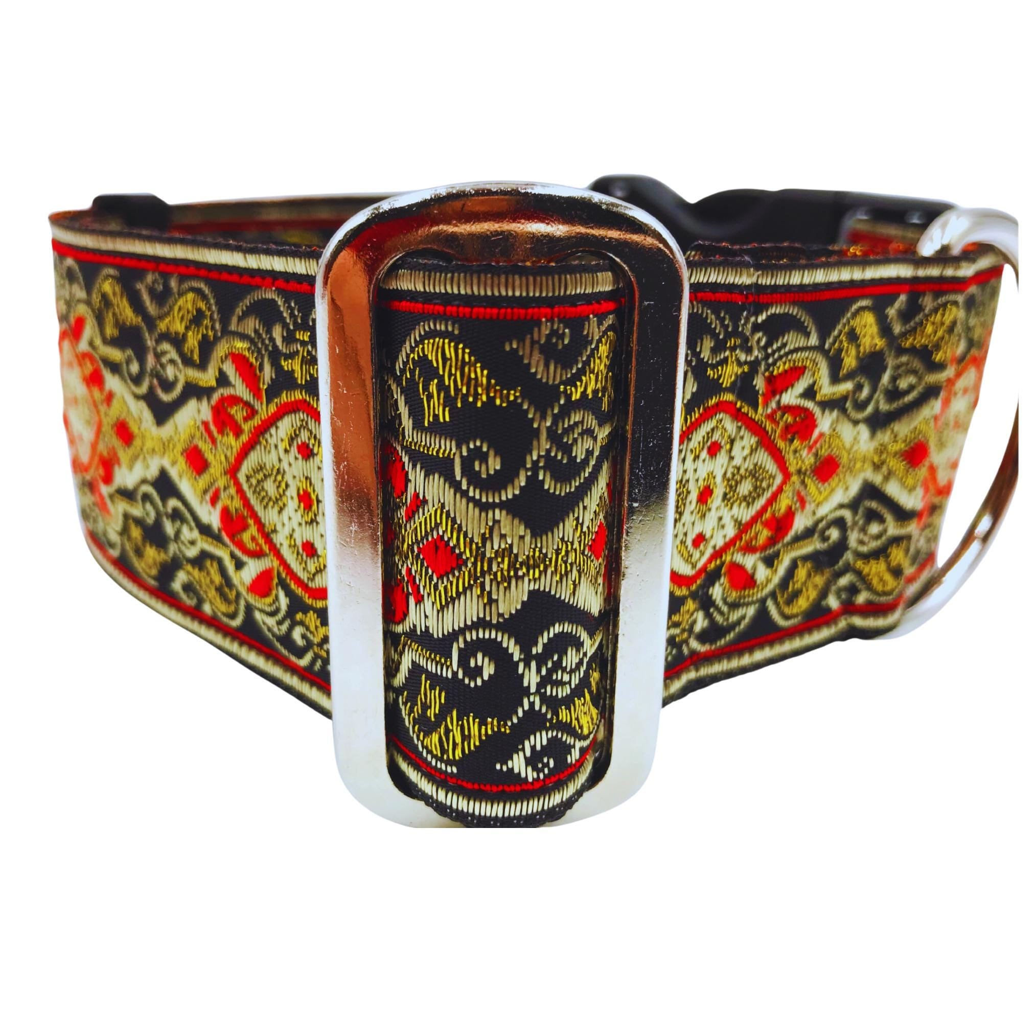 Stewart | 2" Wide Red and Gold Dog Collar, Satin Lined, Large Breed