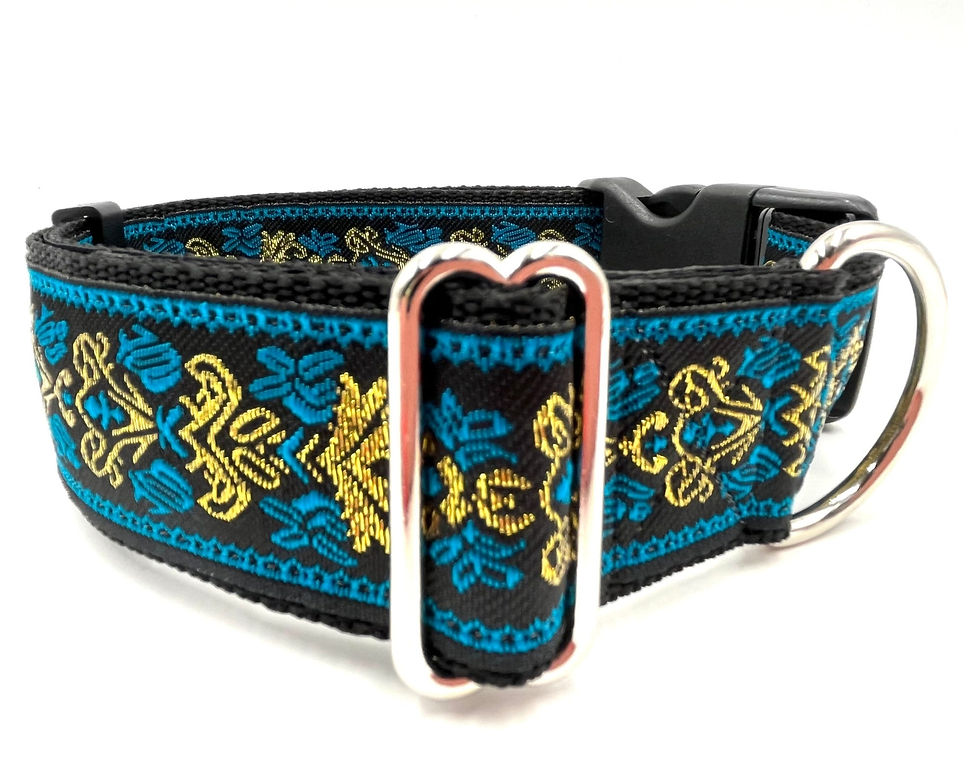 Thumbnail: Turquoise & Gold Tapestry Dog Collar | Large Breed Martingale or Buckle
