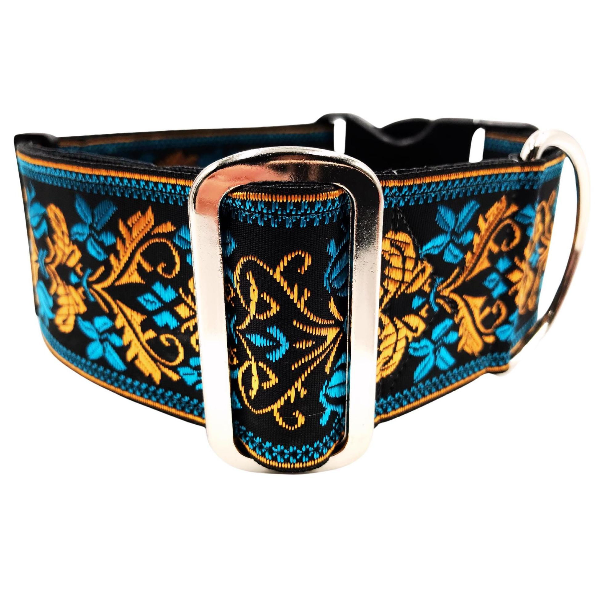 Winston | 2" Wide Turquoise & Gold Dog Collar, Large Breed, Satin Lined