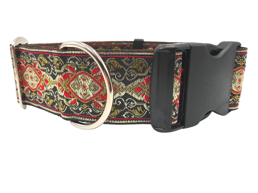Thumbnail: Stewart | 2" Wide Red and Gold Dog Collar, Satin Lined, Large Breed
