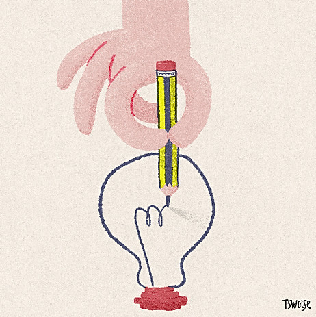 a cartoon hand drawing a lightbulb with a pencil