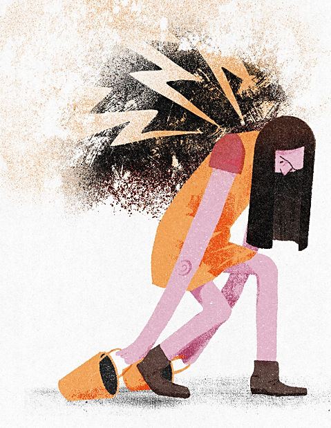 Woman in pain, carrying buckets