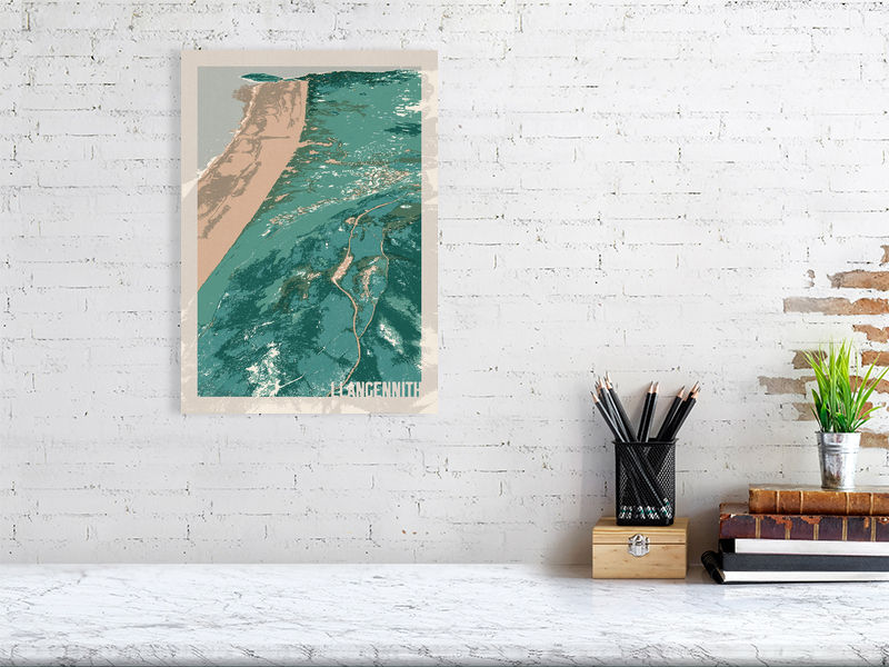 Aerial art print of Llangennith beach, Gower. The vast coastline is shown with textured layers in shades of teal and sand.