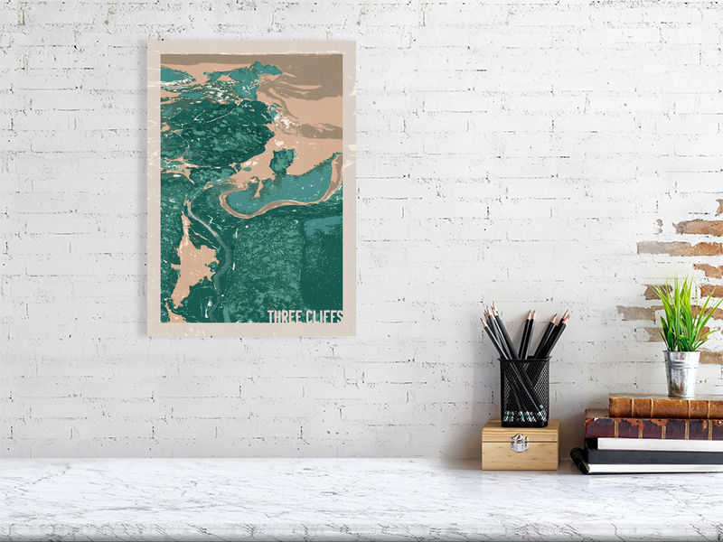 Limited edition art print of Three Cliffs Bay, Gower. An aerial photograph reimagined with textured layers in teal and sand c