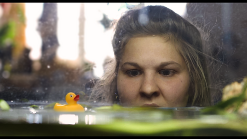 Stil aus der Serie Zimmer Gesucht! | Roommate Quest Series - Eine junge Frau schaut in ein Aquarium in dem eine gelbe Quietscheentesitzt.