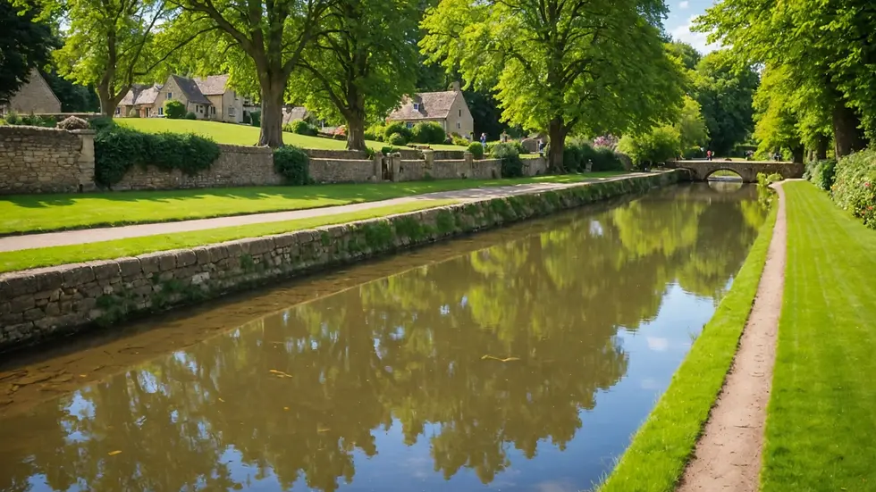 Eye-level view of the tranquil stream running through Bourton on the Water