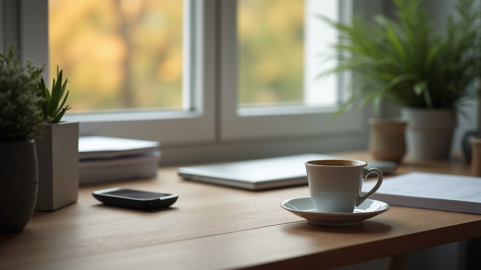 Vue d'un bureau de travail désordonné avec une tasse de café vide