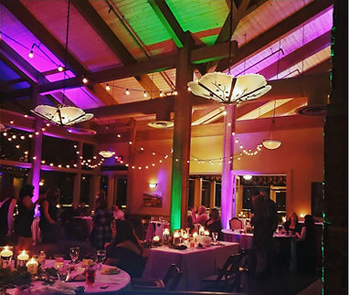 Colorful uplighting transforming wedding reception space