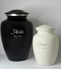 Metal pet cremation urn with ceramic finish