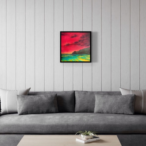 Vibrant sunset landscape painting in black frame