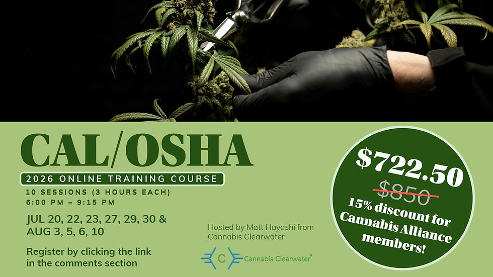 CAl/OSHA online training course flyer with DATES: JULY 20, 22, 23, 27, 29, 30 & AUG 3, 5, 6, 10 TIME: 6:00PM-9:15PM COST: $850 or 722.50 for Alliance members