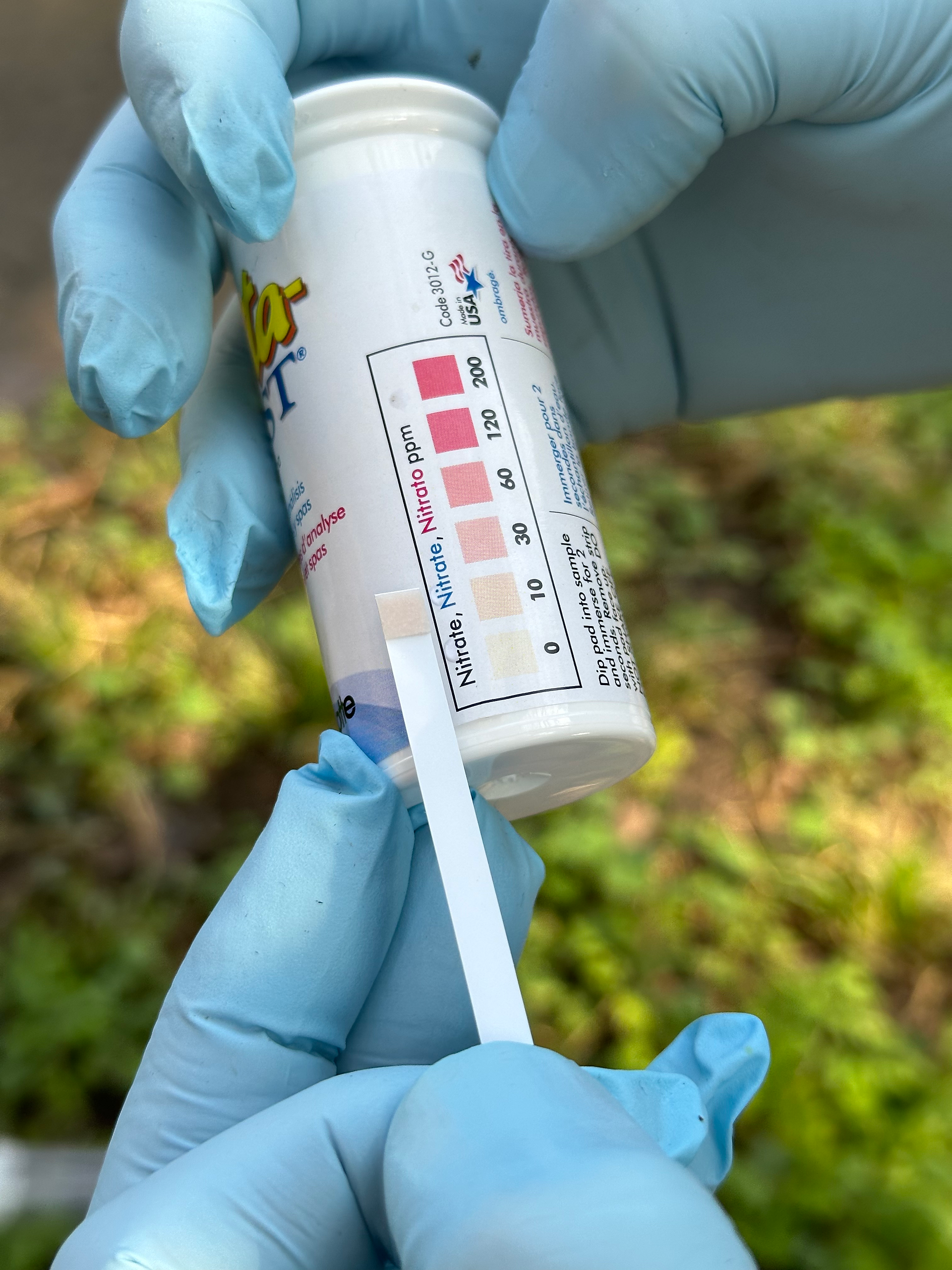 Hands wearing blue disposable gloves holding a nitrate test kit