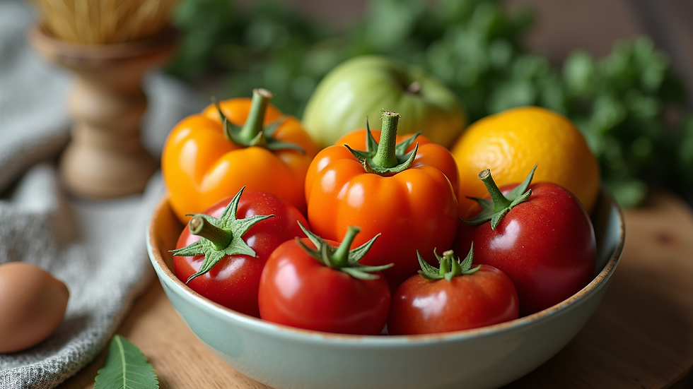 Eye-level view of a bowl of fresh fruits and vegetables