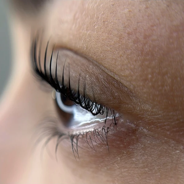 עין חומה, ריסים ארוכים, מבט מקרוב. (רק אם זה מתאים באופן טבעי)