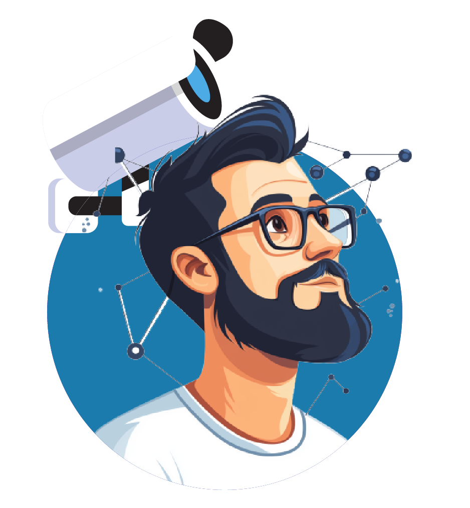 איור של גבר עם מצלמת אבטחה מעליו, מחובר לרשת