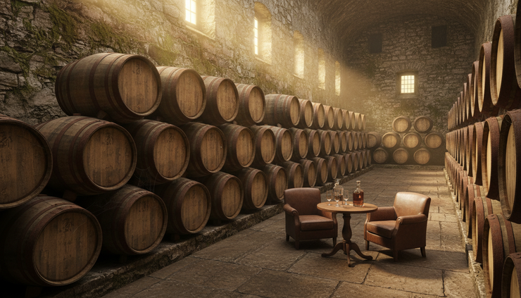 Wide-angle view of whiskey barrels aging in a stone rickhouse