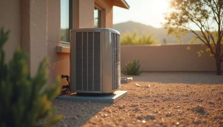Eye-level view of a residential air conditioning unit outside a home in Arizona
