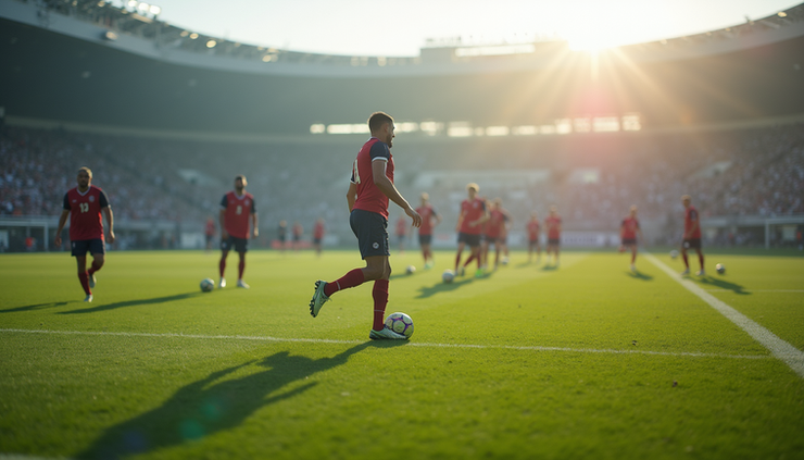 Eye-level view of a football field with players practicing drills