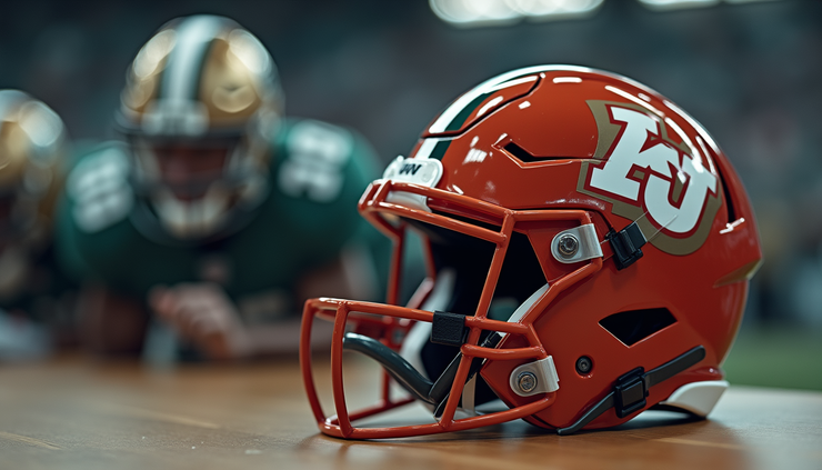 Close-up view of a football helmet resting on a draft table with player profiles in the background