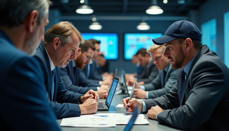 High angle view of a draft war room with coaches and scouts analyzing player data