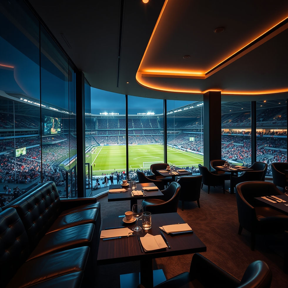 Luxury football executive suite overlooking a packed stadium at night, floor-to-ceiling gl