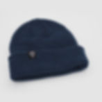 Navy blue 100% merino wool beanie with black loop tag with white stag and AMO between its antlers.